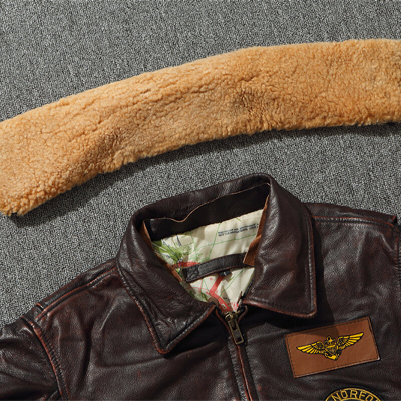Chaqueta de piloto gruesa G1 para hombre, abrigo holgado Vintage marrón, chaqueta Bomber militar clásica con cuello de lana 100% de piel de vaca Natural