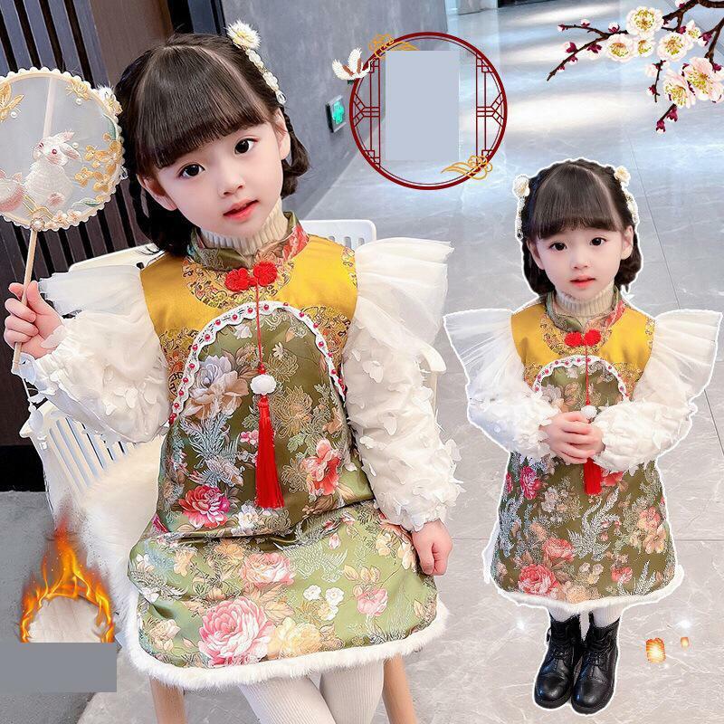 Зимнее Новогоднее платье для девочек, яркий хлопковый костюм с вышивкой Тан, Детская китайская Милая одежда Qipao с хлопковой подкладкой
