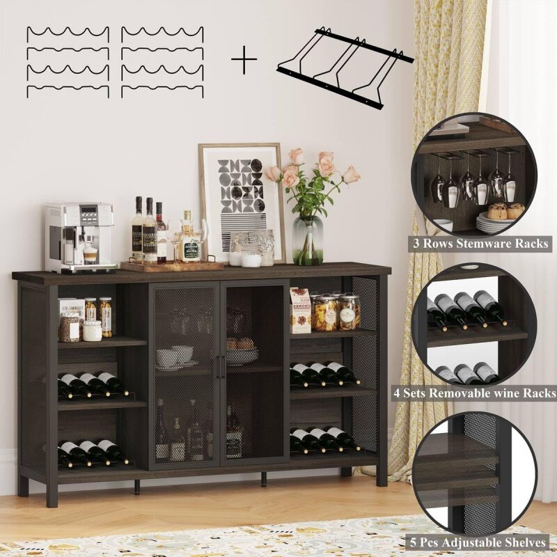 FATORRI Wine Bar Cabinet for Liquor and Glasses, Industrial Coffee , Farmhouse Sideboard Buffet Cabinet with Stor