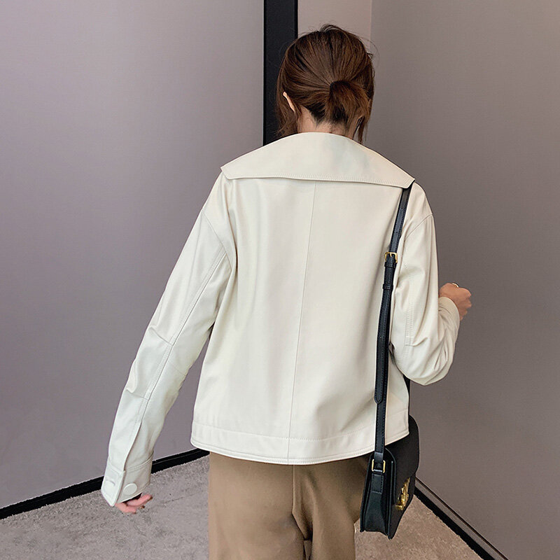 2022 neue Leder Jacken Dame Einreiher Echtem Schaffell Leder Mantel Tasche Winddicht Elegante Mode Streetwear TF8293