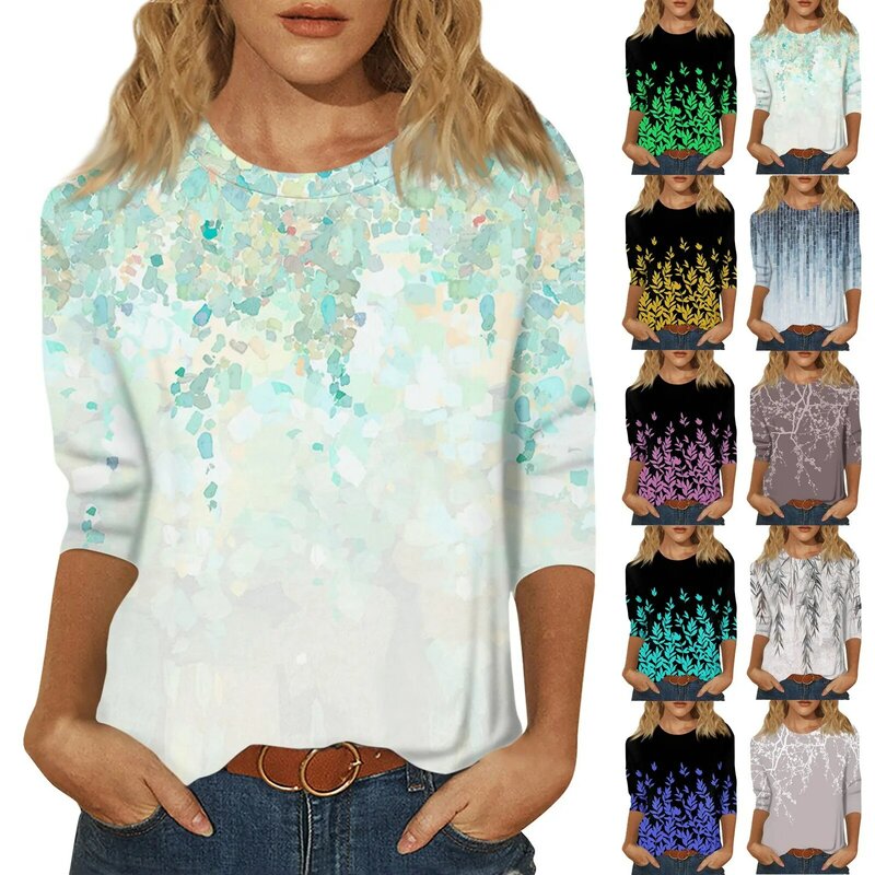 여성 3/4 소매 플라워 프린트 칼라 풀오버 크롭탑 티셔츠, 패션 및 캐주얼, 2024 여름