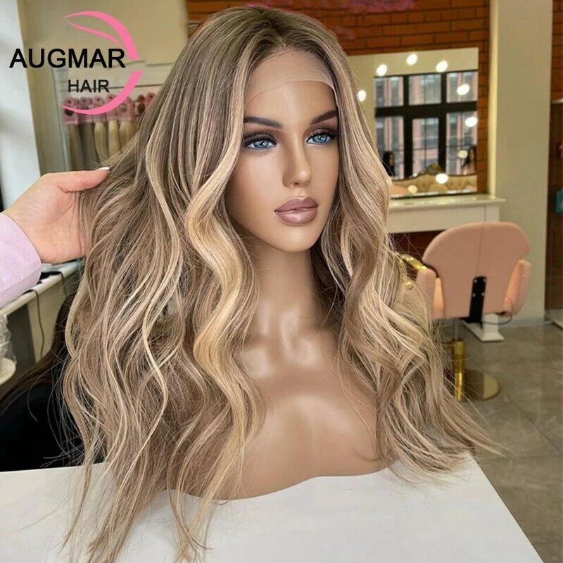 Perruque Lace Front Wig 360 Body Wave Naturelle, Cheveux Humains, 13x6, HD, à Reflets Blonds