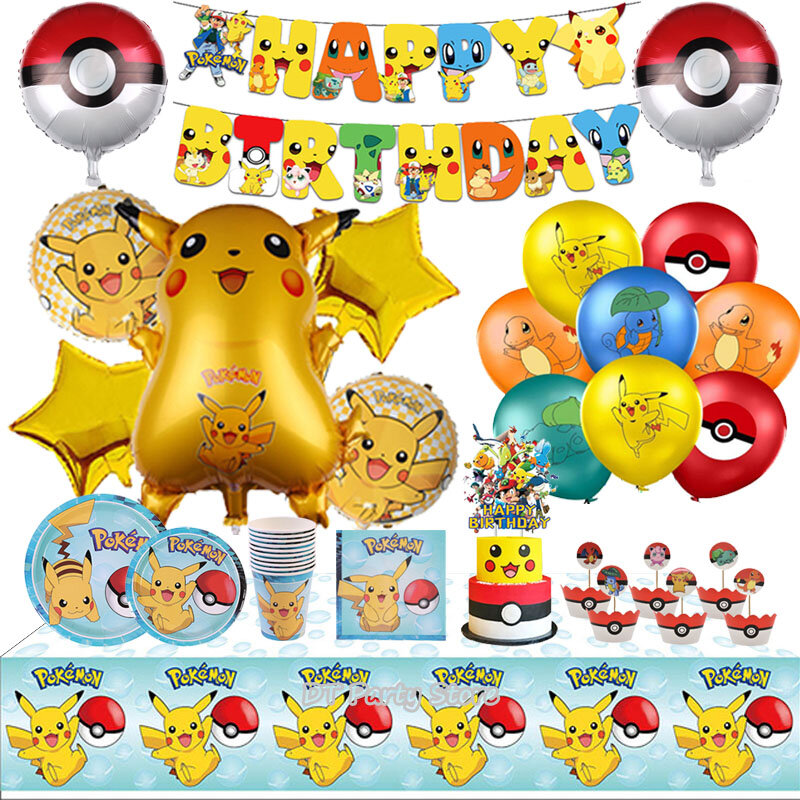 Pokemon Verjaardagsfeestje Decoraties Pikachu Folie Ballonnen Wegwerp Servies Plaat Servet Achtergrond Voor Kinderen Jongen Feestartikelen