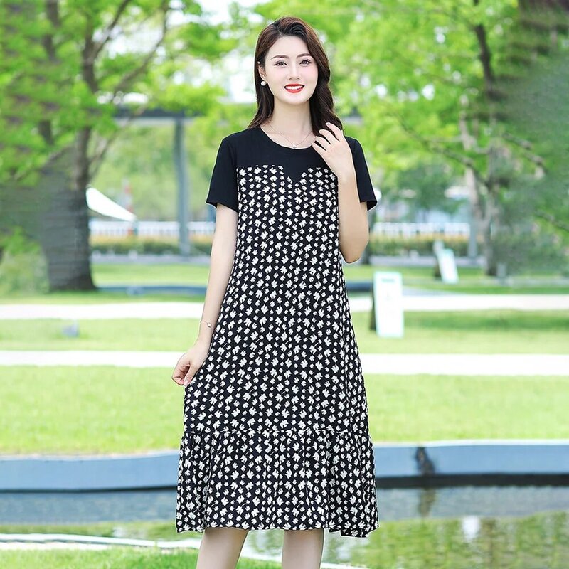 Korean Women's Clothing 2024 Summer Comfortable Temperament Loose Slim Skirt Long Fashion Print Stitching Casual Dress Female.
