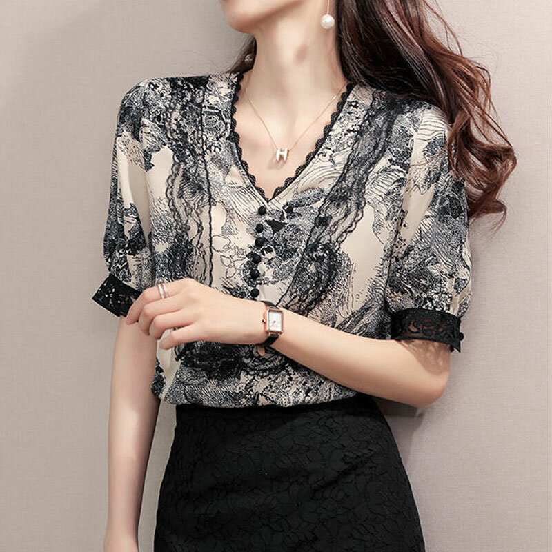 Vintage Ink Painting Printed Shirt Women's Clothing Elegant V-Neck Lace Spliced Commute Summer Fashion Button Straight Blouse