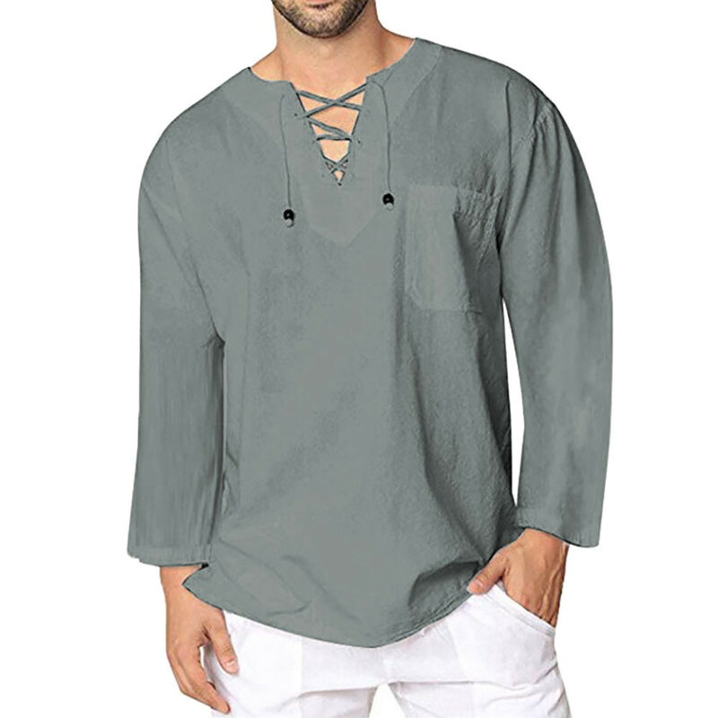 Camisa de praia muçulmana para homens, túnica de algodão com gola v e manga comprida, tamanho grande e grande, 2024