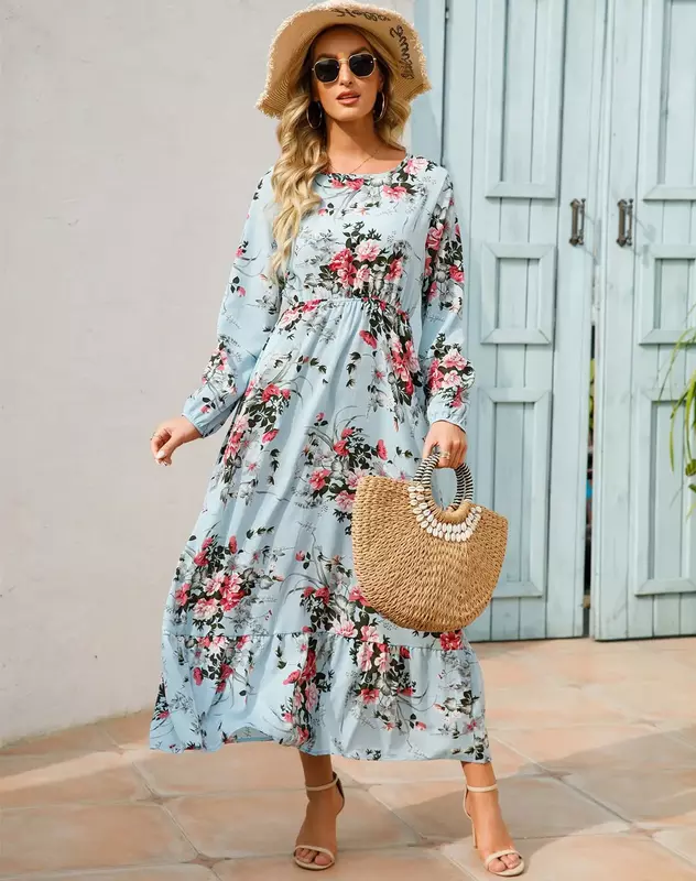 Женское платье в мусульманском стиле, облегающее платье с цветочным рисунком, с узкой талией, с круглым вырезом, арабский Дубайский кафтан, повседневные оборки