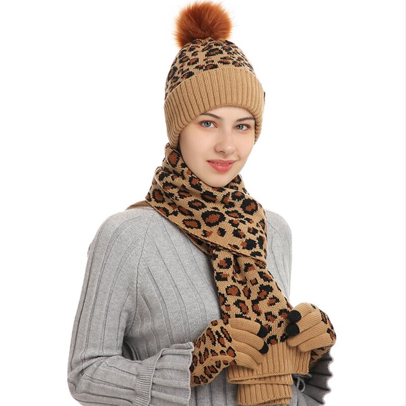 Wintermütze, Schal, Handschuhe, Pompon-Mütze, Schneestrick-Totenkopfmütze für Touchscreen-Fäustlinge, mit Fleece gefütterte für