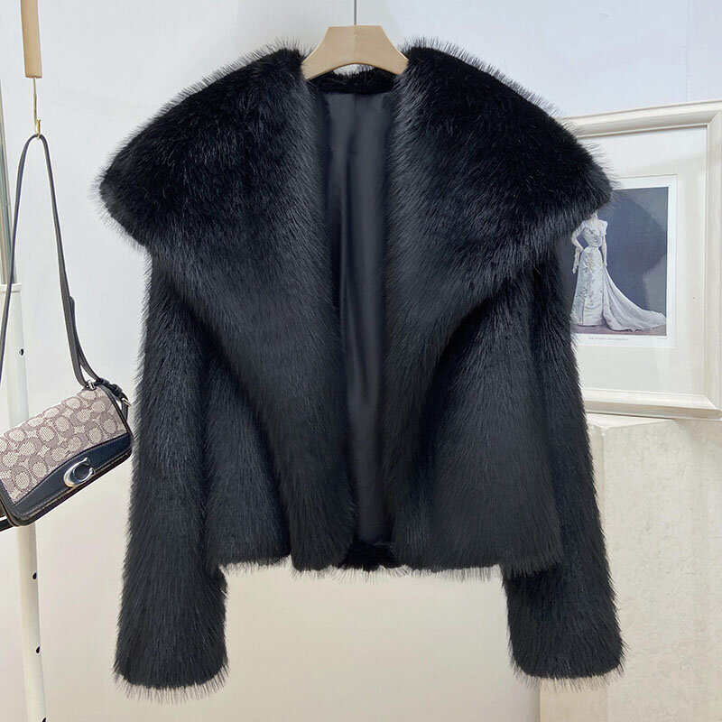 Jaqueta feminina de lapela de pele falsa de raposa, roupa feminina grossa de pelúcia quente, jaqueta casual fofa, casacos pretos de inverno, nova