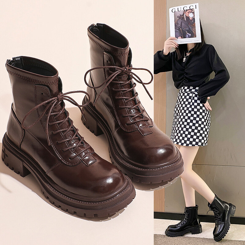 British Style Thick Soled Fashion Boots for Women 2022 New Style Autumn Versatile Brown Retro Thin Boots Short Boots for Women