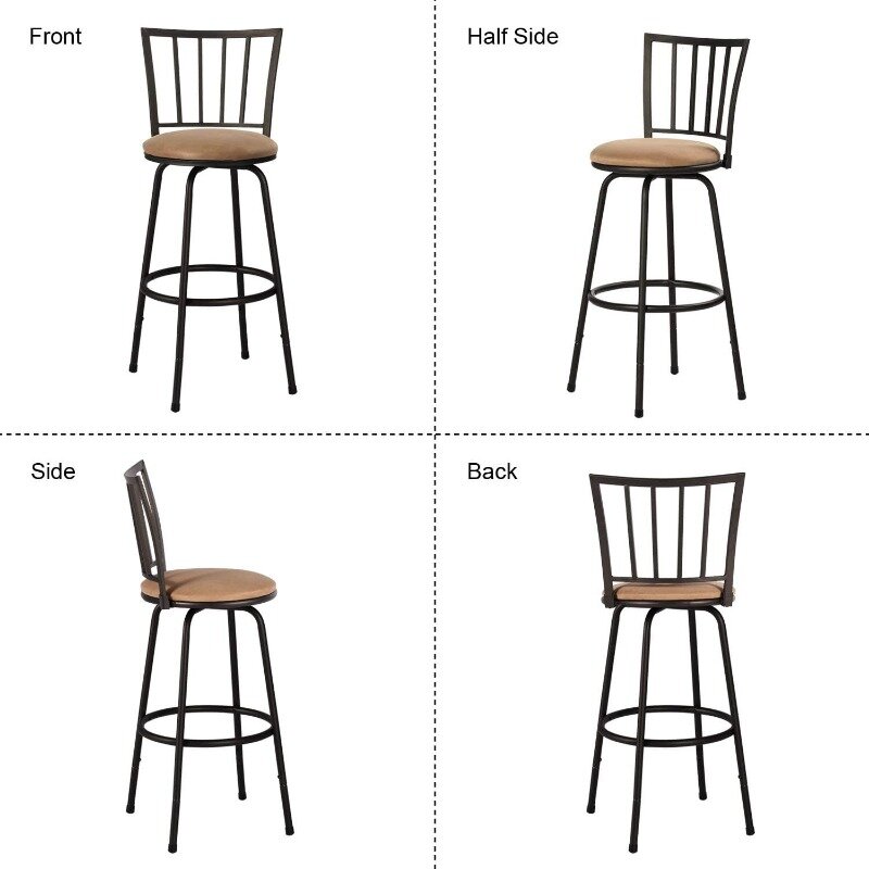VECELO bar stool, adjustable counter stool, steel bar stool with 360-degree swivel seat and upholstery, set of 4
