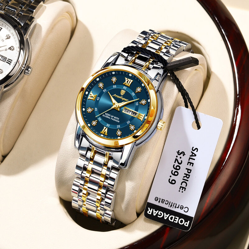 Podedagar-女性用クォーツ腕時計,高級腕時計,耐水性,ステンレス鋼,発光,週,女性用時計