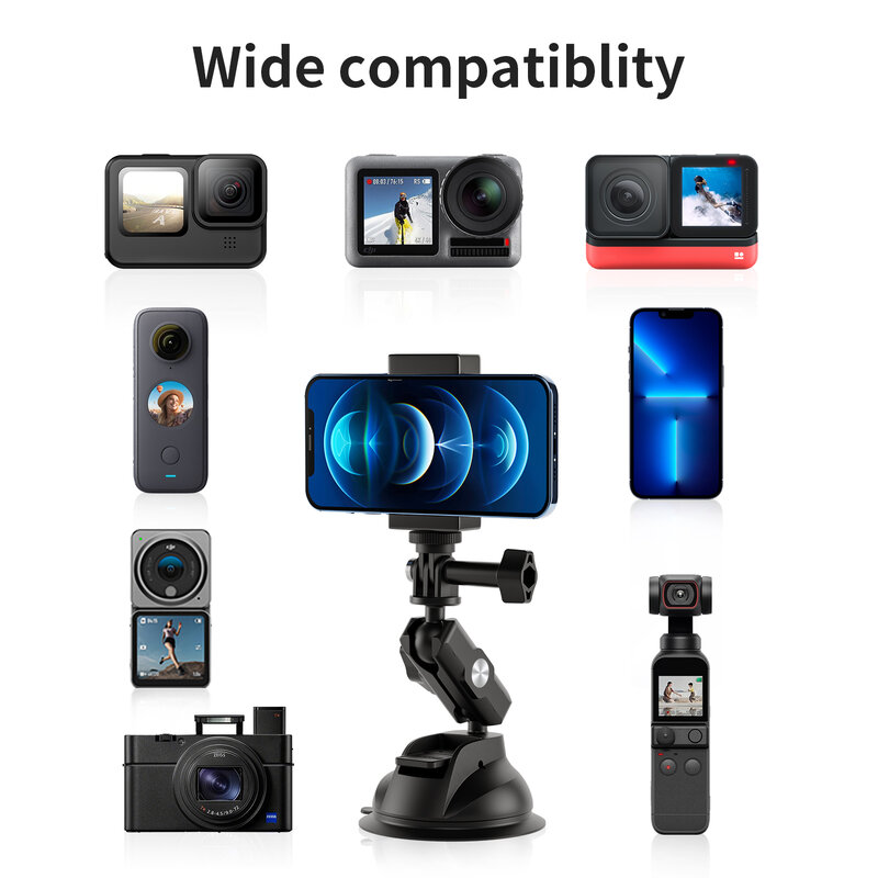 حامل كاميرا هاتف سيارة من TELESIN لشفط الكوب 360 محول قياسي 1/4 قابل للتعديل للهواتف الذكية GoPro Insta360 DJI Action