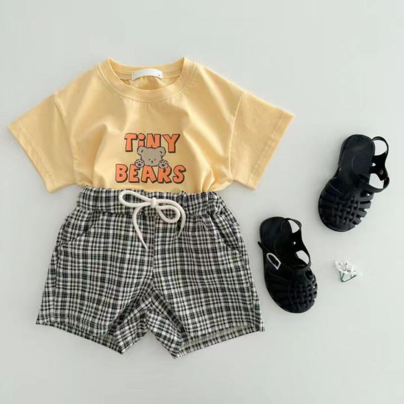 Letni Baby Boy Girl zestaw uroczy miś napis nadruk krótki rękaw t-shirt + nadruk w szkocką kratę spodenki dla niemowląt w stylu Casual, cienka bawełniana kurtka E73748