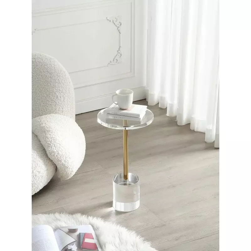 Clear Acrylic End Table,Side Table,Brushed Brass Metal,Round,for Office, Living Room and Bedroom,Easy Assembly,12x12 inch，21.3 i