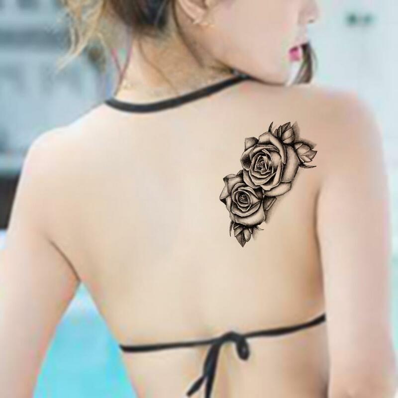 Tatuaje de cuerpo de Rosa Negra para mujer, pegatinas de flores impermeables, tatuaje temporal falso, para pierna pegatina, brazo, pecho y espalda