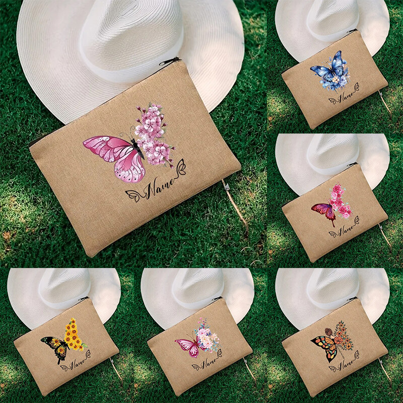 Персонализированная косметичка в виде бабочки для девушек, дорожные сумки для необходимой необходимости, органайзер с именем на заказ, клатч на молнии, наборы для помады и туалета