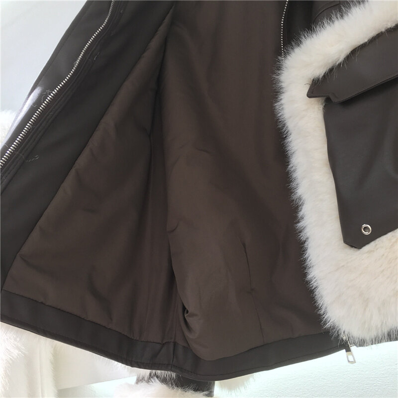 Moda 2023 inverno escritório nova senhora imitação de pele de raposa casaco feminino curto grande bolso rebites jaqueta de pele do falso chique roupas femininas