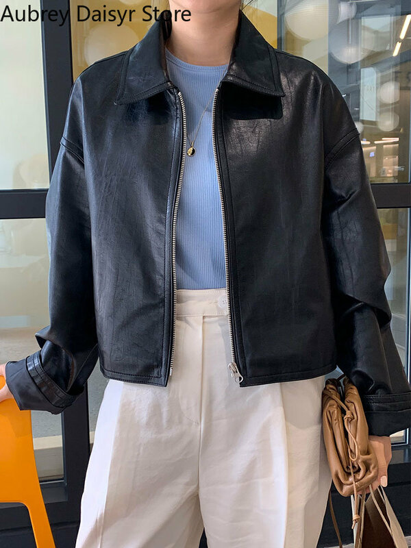 우아한 한국 패션 가죽 자켓 크롭 인조 모피 코트 여성용, 스트리트웨어 하이 스트리트 빈티지 모토 바이커 지퍼 재킷