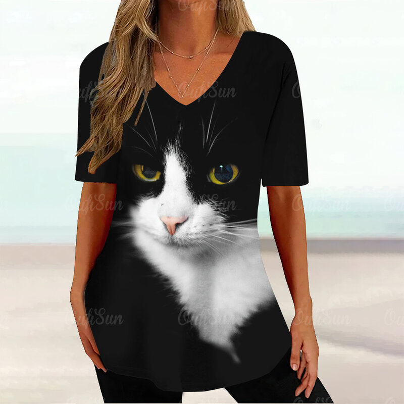 여성용 귀여운 고양이 그래픽 티셔츠, 그림 인쇄 하라주쿠 반팔 상의, V넥 풀오버, 여성 루즈 의류 티, 여름