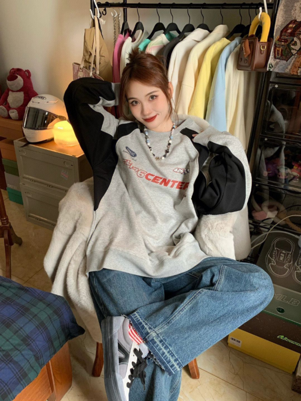 MATTA-Sudadera con capucha Y2K para mujer, ropa de calle Retro de Hip Hop, Harajuku, Kpop, Vintage, gris, Top de manga larga con letras de retales