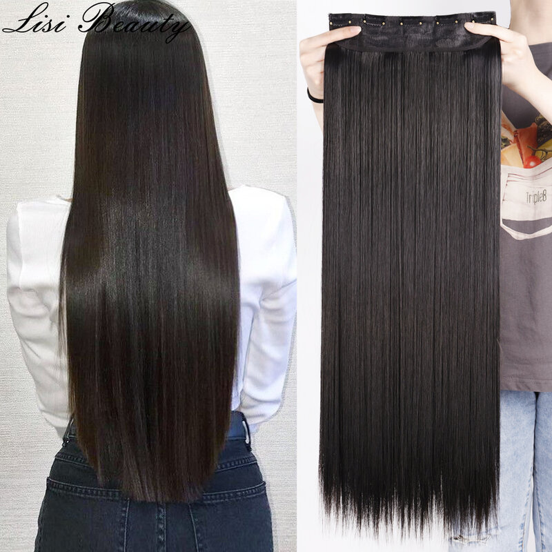 Sintético 5 grampo em extensões de cabelo longo em linha reta penteado preto castanho loiro 80cm natural falso cabelo para mulher