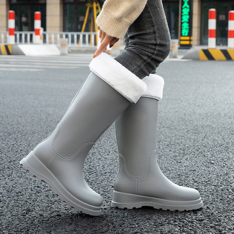 Sepatu bot hujan sedang tinggi wanita, sepatu bot karet katun sederhana musim dingin untuk wanita, sepatu bot hujan sol tebal modis luar ruangan 35-40