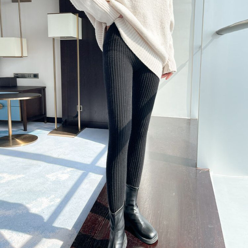 Slim Leggings Autumn Women High Waist Casual Trousers Knitted Ribbed Thicken Solid Elasticity Thermal  Ankle-Length Leggins