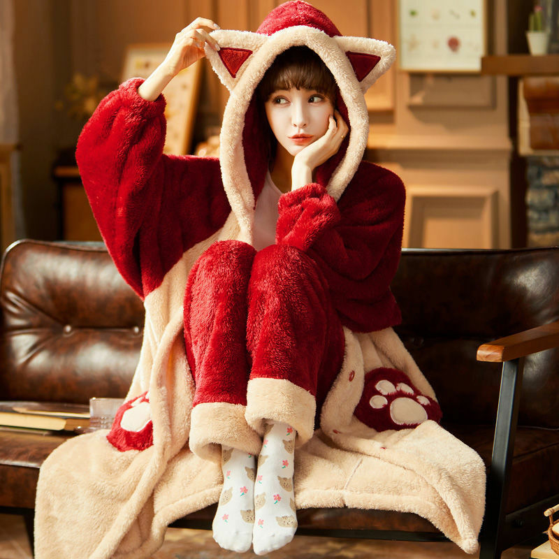 ชุดนอนชุดสตรีฤดูหนาว Flannel Warm ชุดนอนชุดนอนสัตว์แมวน่ารักหญิงแฟชั่น Homewear หลวมชุดนอน