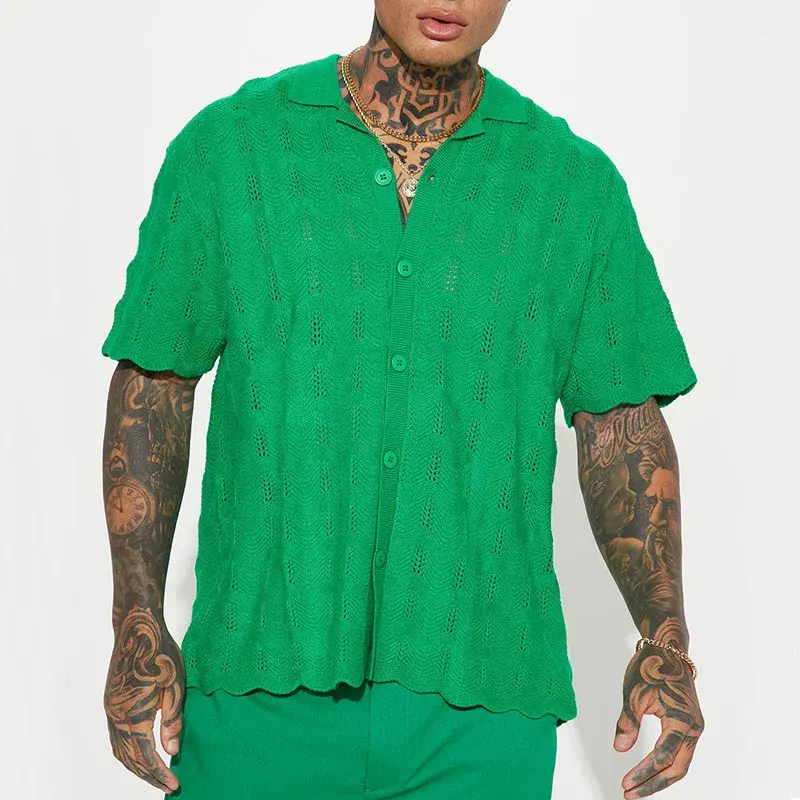 남성용 레저 반팔 단추 니트 셔츠, 캐주얼 단색 자수 상의, 남성 의류, 패션 루즈 셔츠, 2023 여름