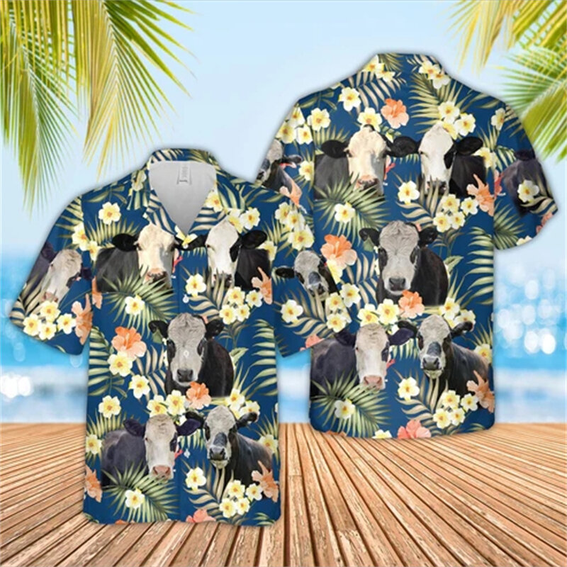 Sapi Hawaii kemeja pantai 3D dicetak, kemeja grafis bunga lucu sapi untuk pakaian pria hewan domba Aloha blus lengan pendek
