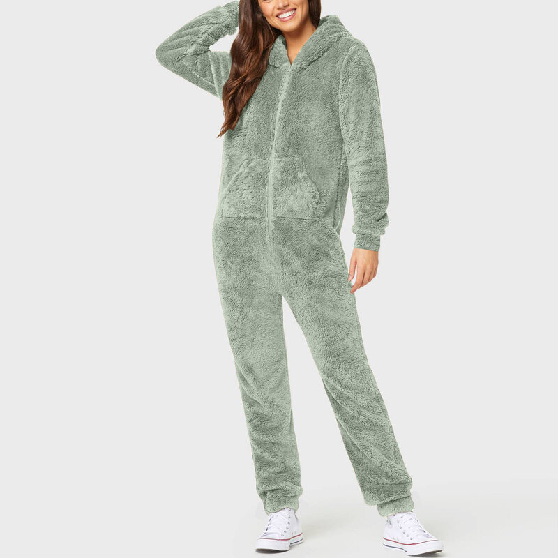 Mono holgado de lana con capucha, ropa de casa de Color sólido, pijama informal con cremallera, mono cálido para invierno