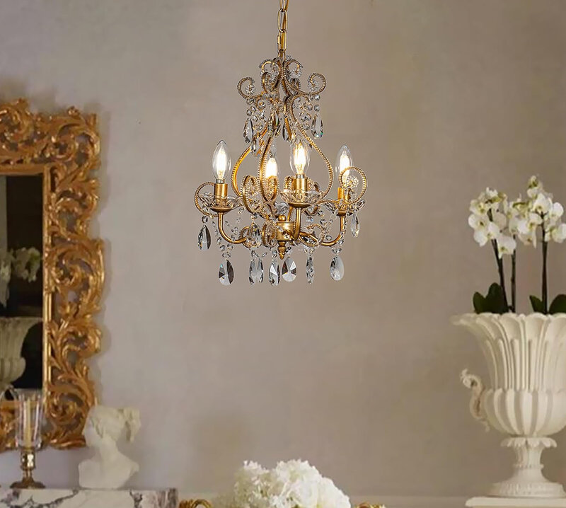 French Country Chandelier Antique Gold Small Crystal Chandeliers for Dining Room Vintage Swag Lamp Candle Gothic Chandelier