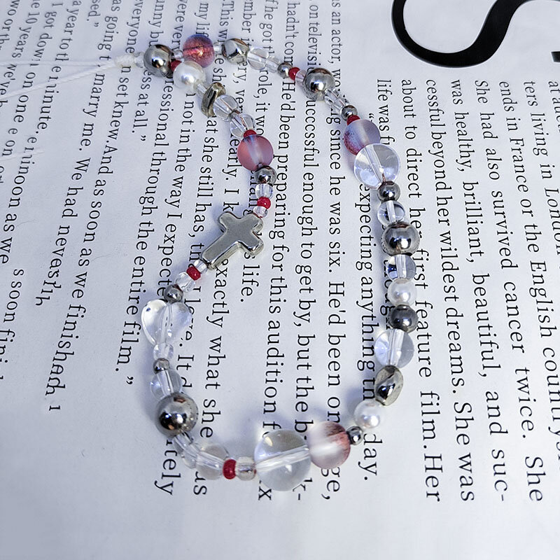 JOLanyard-Bracelet à breloques pour téléphone portable pour femme, perle de verre en acrylique argenté, perle croisée, bracelet pour fille, porte-clés, bijoux Y2K, rouge clair
