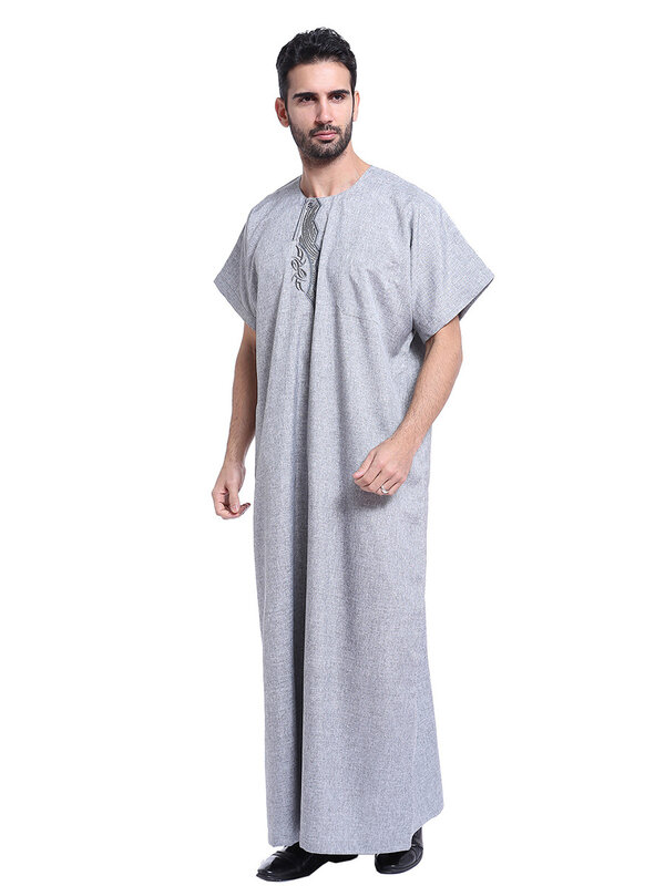 Arab pria Fashion jubah panjang lengan pendek leher bulat jubah pria antik warna Solid Muslim Kaftan kemeja panjang kasual Jubba Thobe