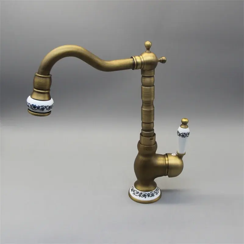 New Style China Solid Brass Antique Tap Mixers for Lavatory Deck Mount Basin Faucets With Blue and White Porcelain