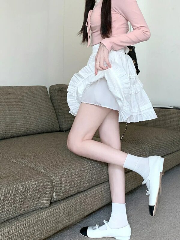 Rok putih celana wanita model A-line rok pendek musim panas rok Mini pinggang tinggi gaya balet Puffy rok kue A-line