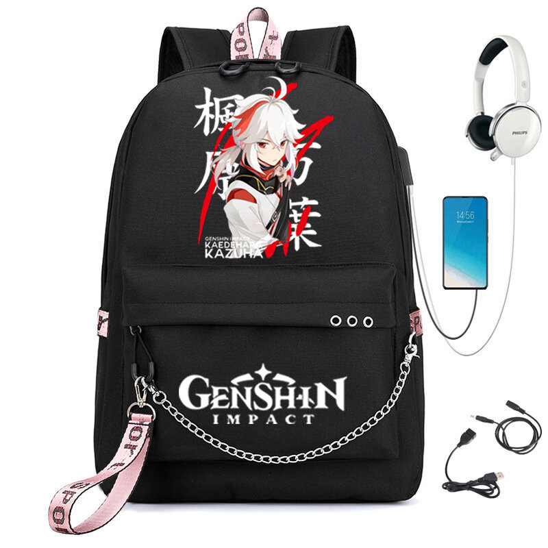 حقيبة ظهر USB بتأثير Genshin ، حقائب كتب مدرسية ، حقائب سفر مراوح ، سلسلة كمبيوتر محمول ، منفذ سماعة رأس