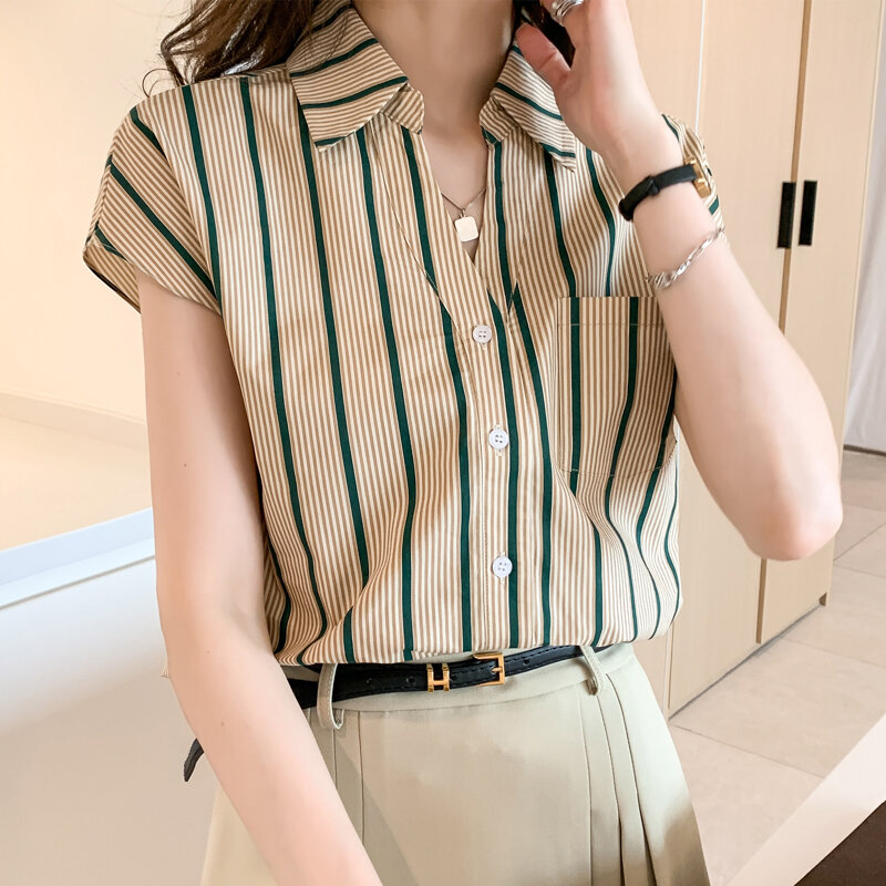 Miiiix-camisa casual listrada estilo Hong Kong para mulheres, gola polo, manga curta, top de chiffon, roupa feminina, nova, verão, 2022