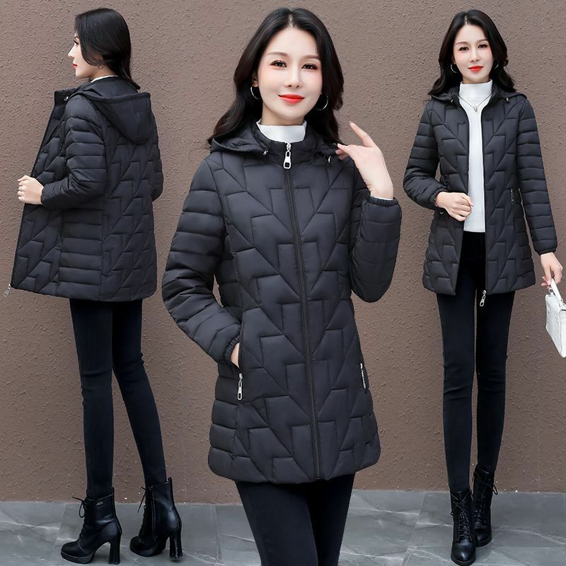 Jaket katun berpelapis untuk wanita, mantel musim dingin versi panjang Sedang ukuran 2023, jaket hoodie hangat untuk wanita