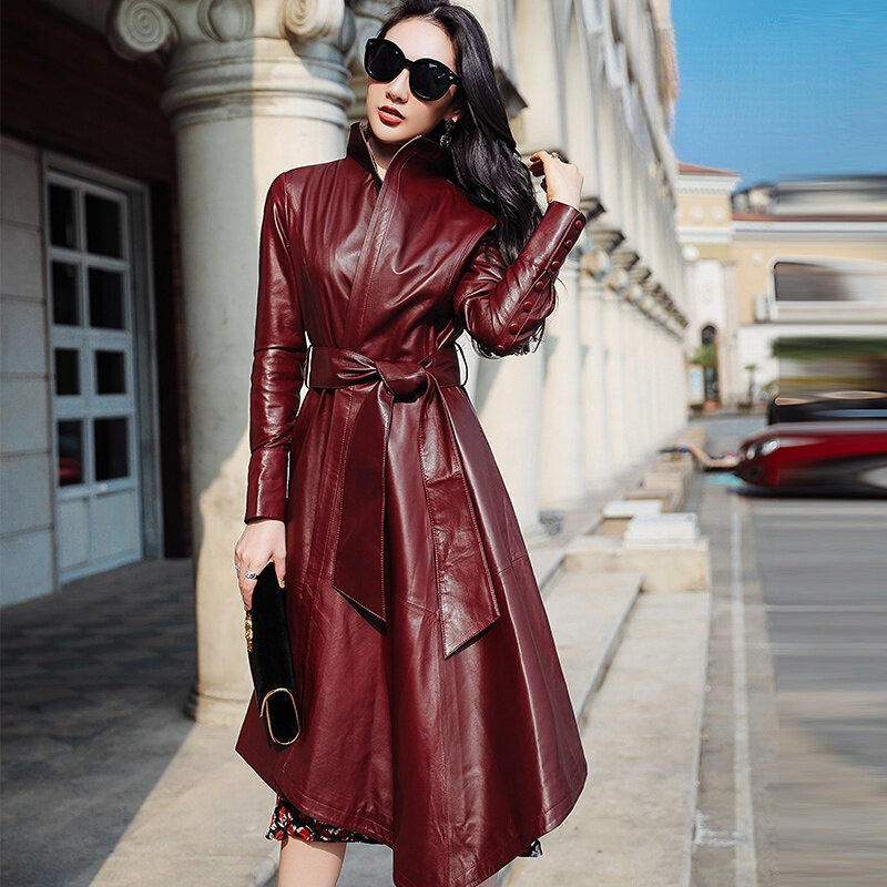 女性のための本物のシープスキンロングトレンチコート,革のジャケット,高品質のコート,秋のファッション,新しい2023