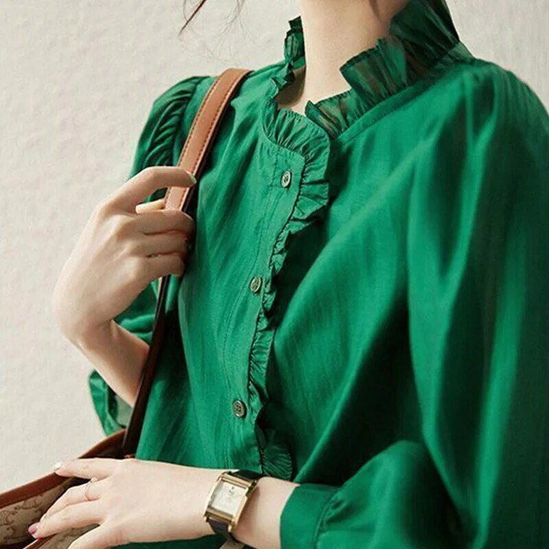 Atasan sifon untuk wanita, kemeja kantor gaya Korea leher O lengan 2024 elegan modis musim panas 3/4 untuk wanita