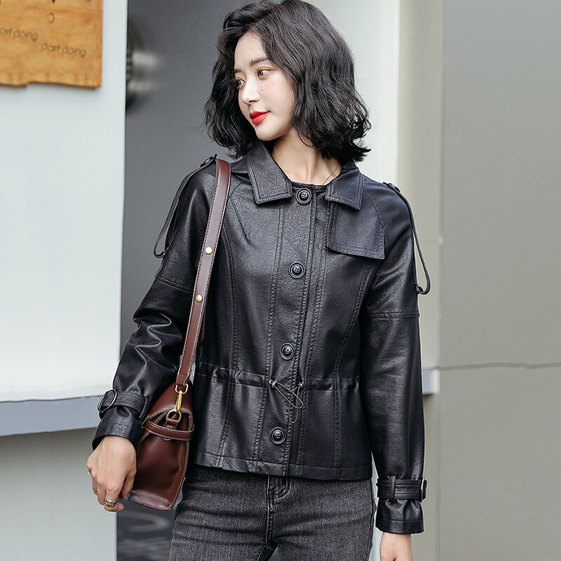 Pop Genuine Leather Jacket Women Spring Autumn Fashion Turn Down Collar Drawstring Slim Short Sheepskin Leather Coat