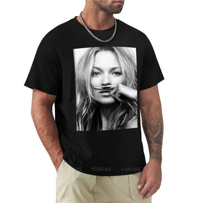 Camiseta fotográfica em preto e branco masculina, Kate Moss, bigode, tops plus size, camisetas gráficas, camisas, liso, tops
