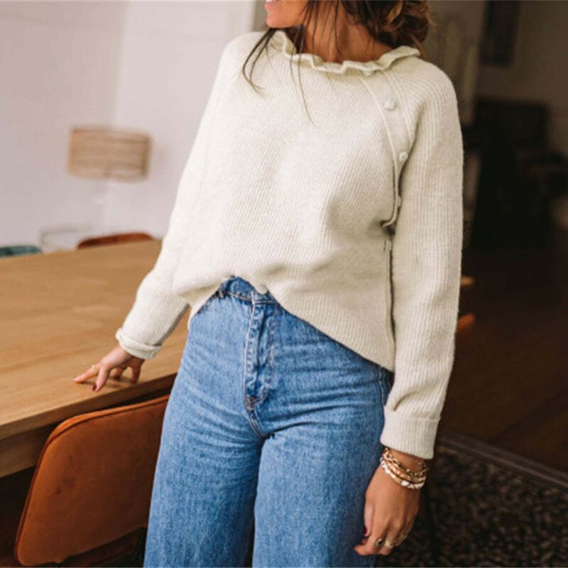 Sweater lengan panjang wanita, atasan sweater Pullover longgar kasual leher bulat, sweater kancing warna Solid temperamen