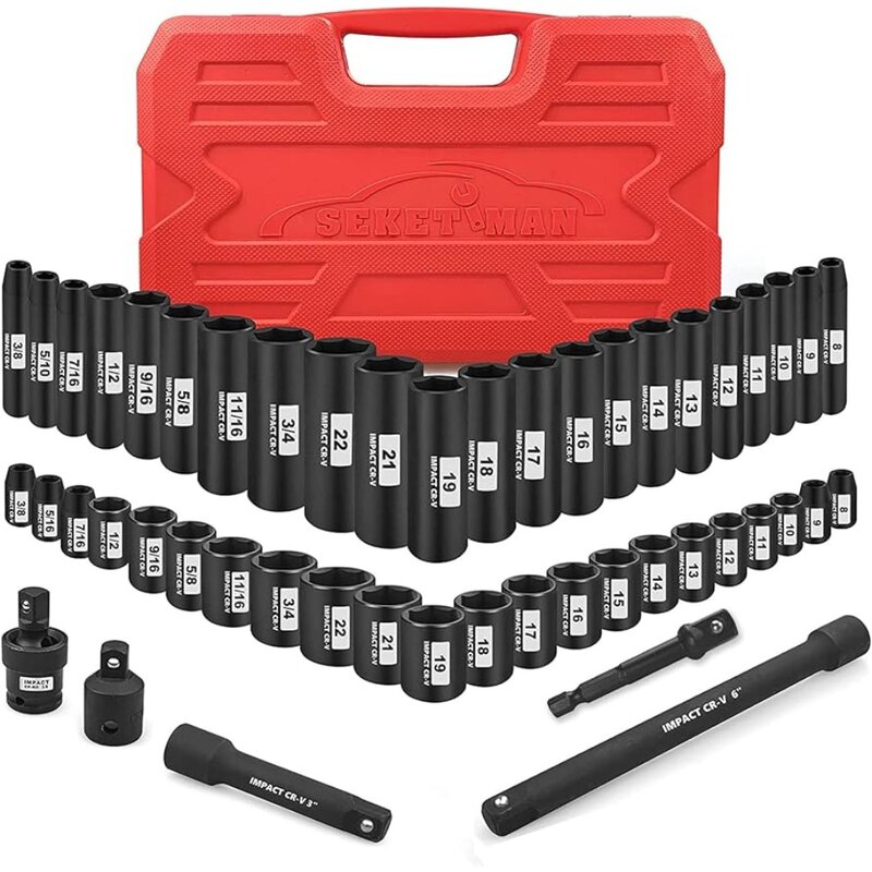 3/8-Inch Drive Impact Socket Set,49 Pieces,SAE/Metric,Deep/Shallow,(5/16"-3/4",8mm-22mm),6 Point,CR-V Steel