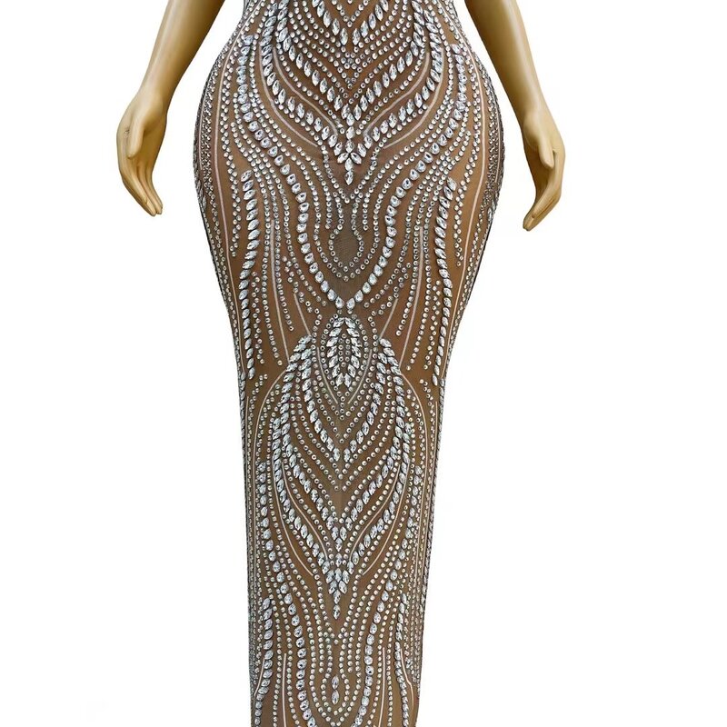 Gaun panjang berlian imitasi perak perayaan ulang tahun wanita bersinar 2024 penyanyi tari pakaian melar jaring telanjang tembus pandang Liuxu