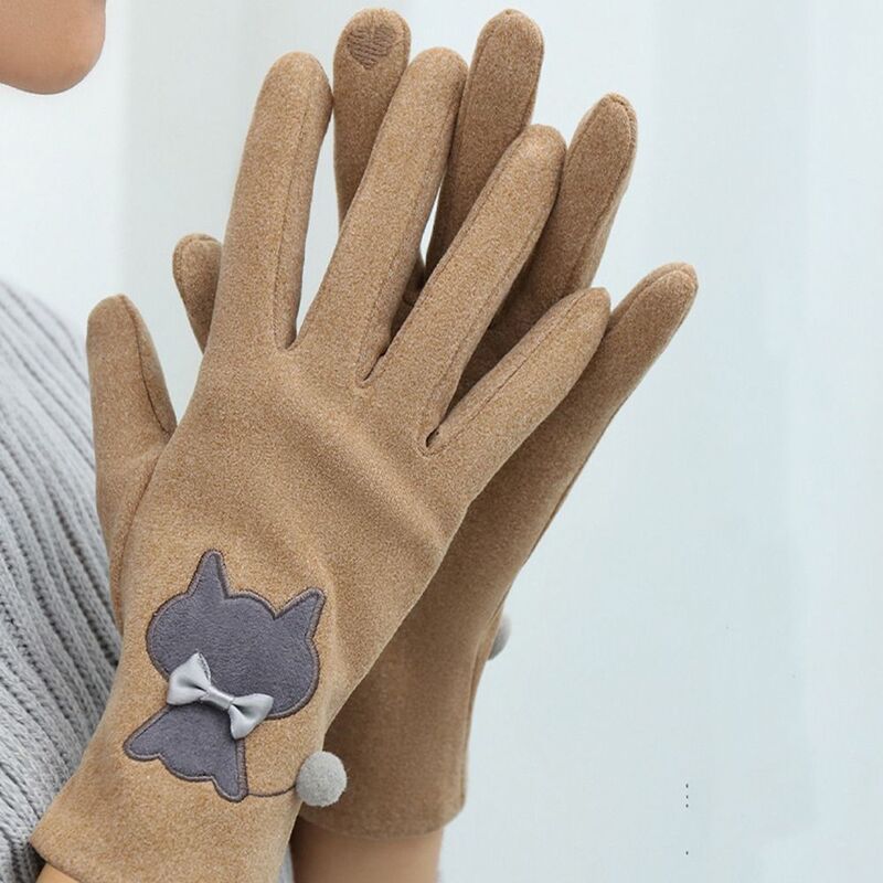 Five Finger Winter Velvet Gloves Cat Bowknot Plush Driving Gloves Korean Style Cycling Gloves Outdoor Riding Mittens Outdooor