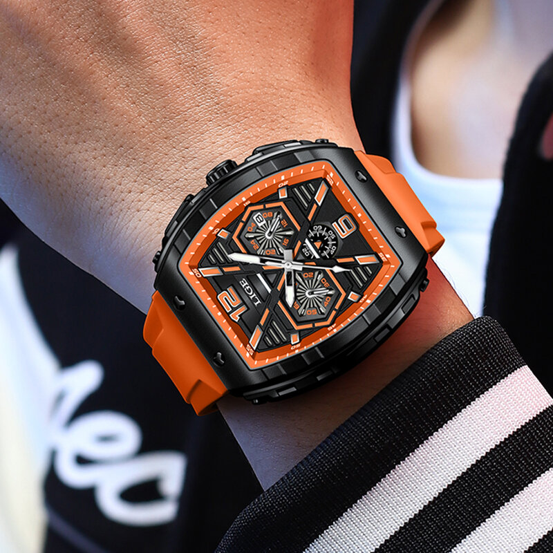LIGE Men Watch Luxury Quartz Watches Silicone Strap Sport Chronograph  Rectangular Men's Wristwatch Waterproof Luminous watches