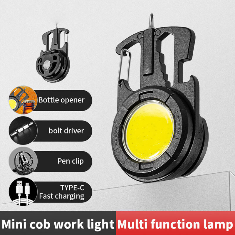 Multifunction Mini LED Flashlight Rechargeable Keychain Work Light Outdoor Camping Lamp Portable Wrench Screwdriver Safety Hamme